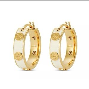 Tory Burch Miller White Enamel and Gold Logo Studded Hoop Earrings